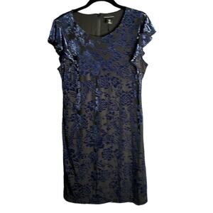 Adrienne Vittadini Black and Blue Crushed Velvet Dress Ruffle Short Sleeve Sz S